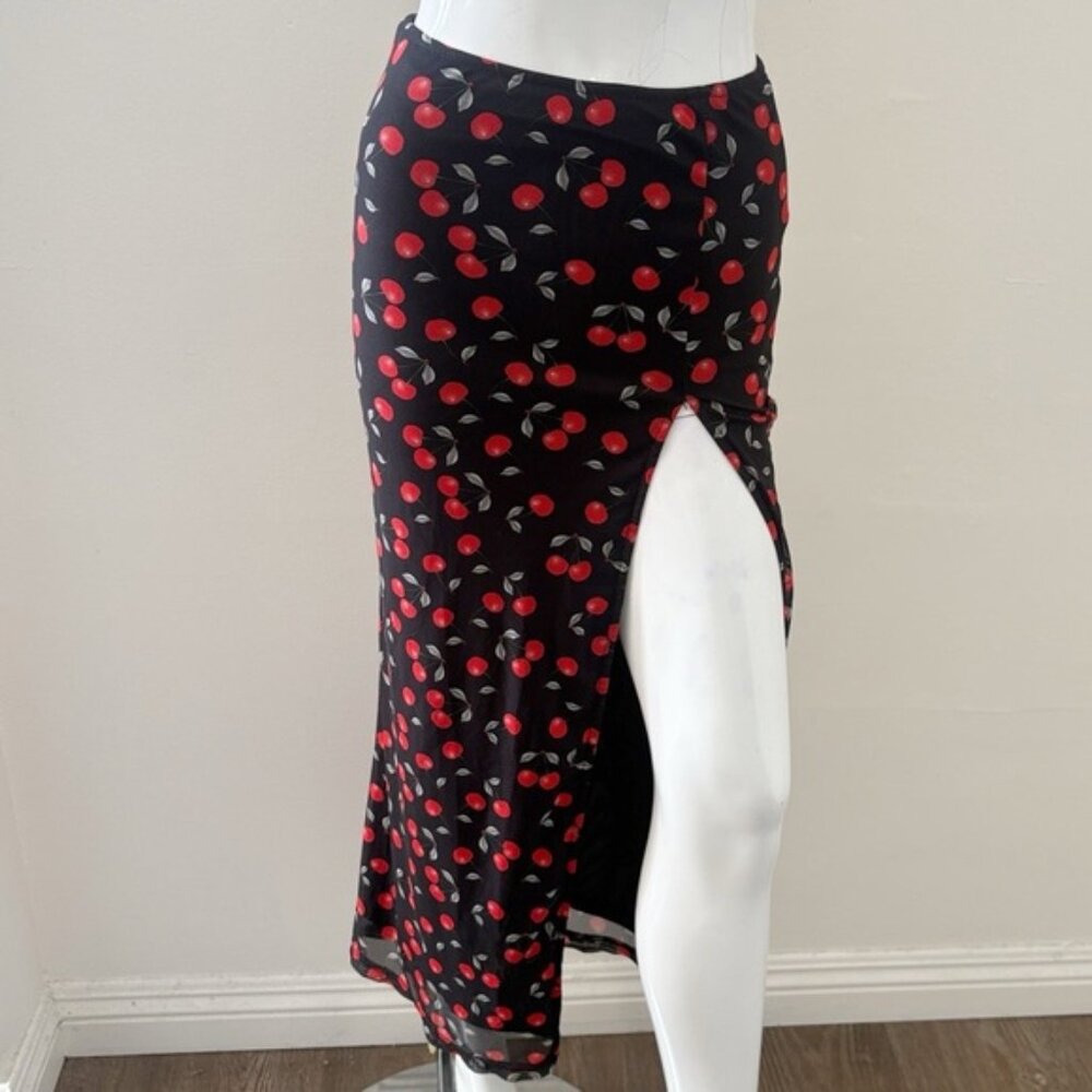 Bailey Rose Cherry Print Black Mesh Maxi Skirt w Slit up the Side Leg Revolve